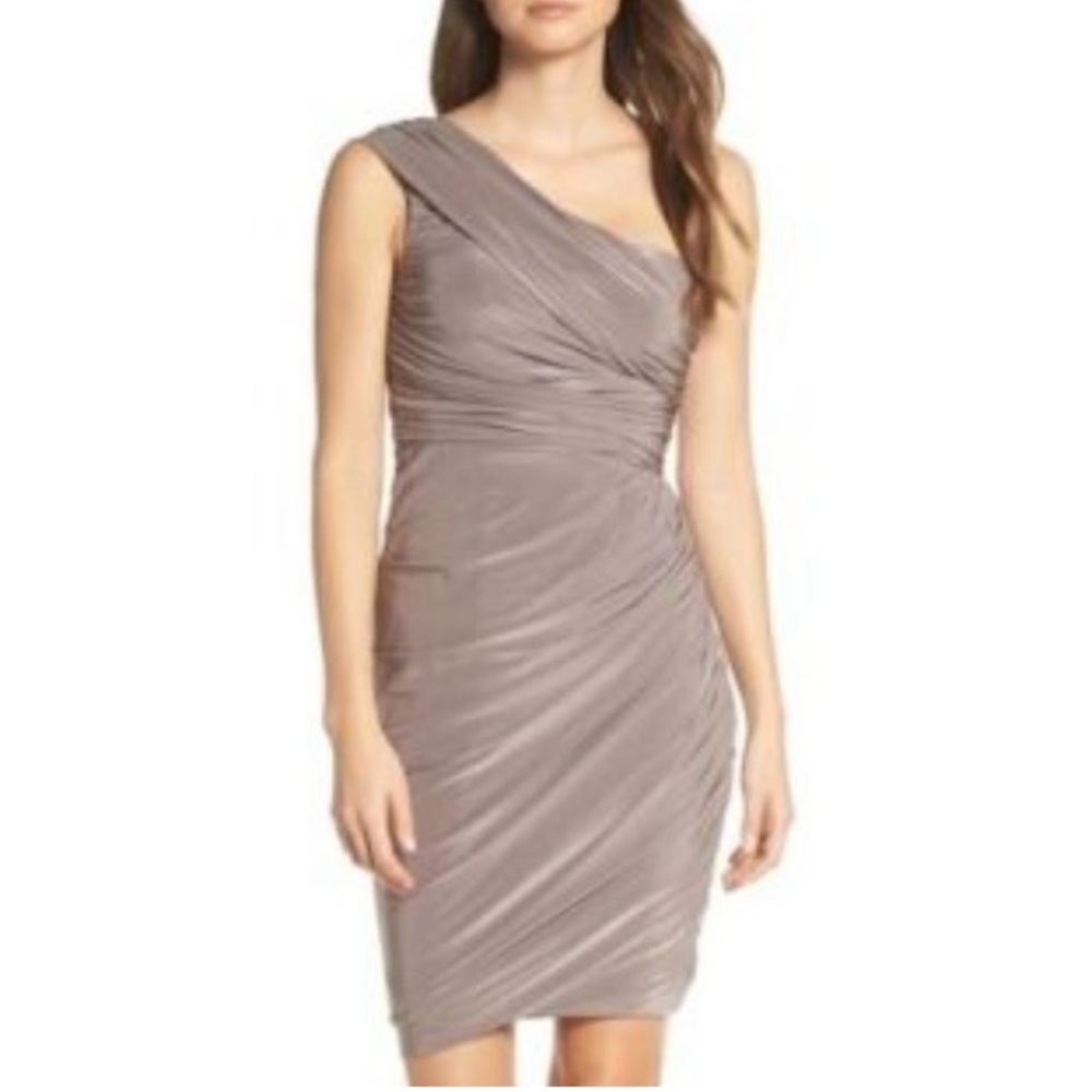 Eliza J Ruched One-Shoulder taupe dress